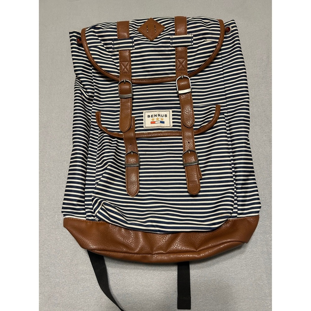 Benrus Striped Canvas Rucksack Backpack Navy White Brown Faux Leather Trim